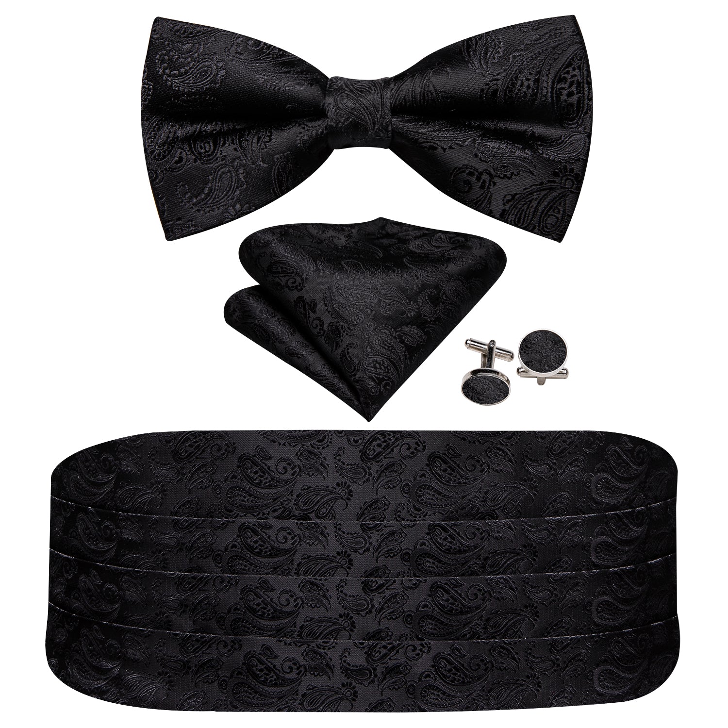 Black Paisley Cummerbund Bow tie Handkerchief Cufflinks Set