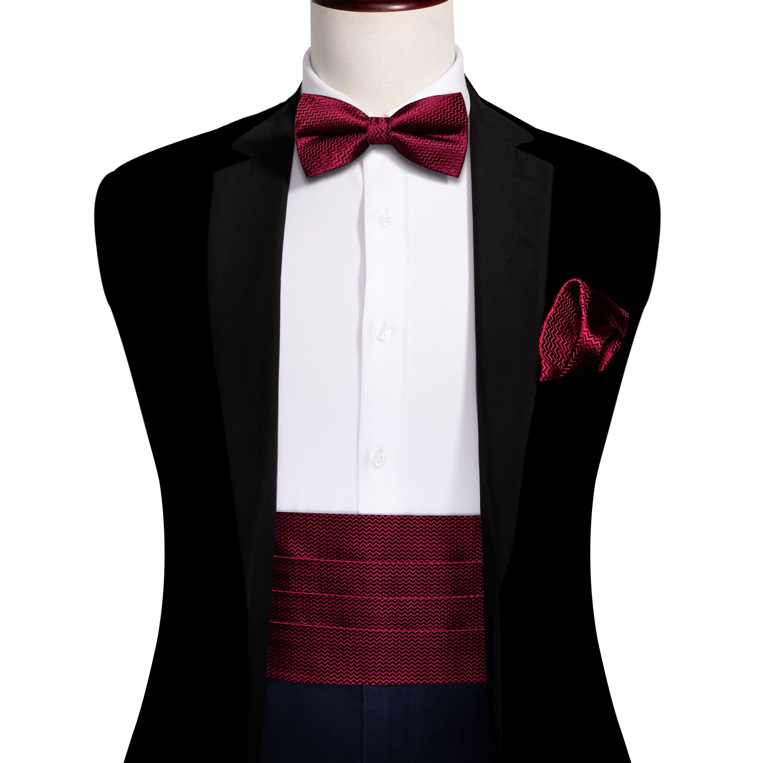 Burgundy Red Solid Cummerbund Bow tie Handkerchief Cufflinks Set
