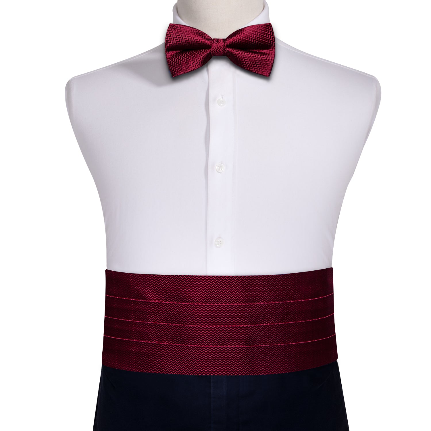Burgundy Red Solid Cummerbund Bow tie Handkerchief Cufflinks Set