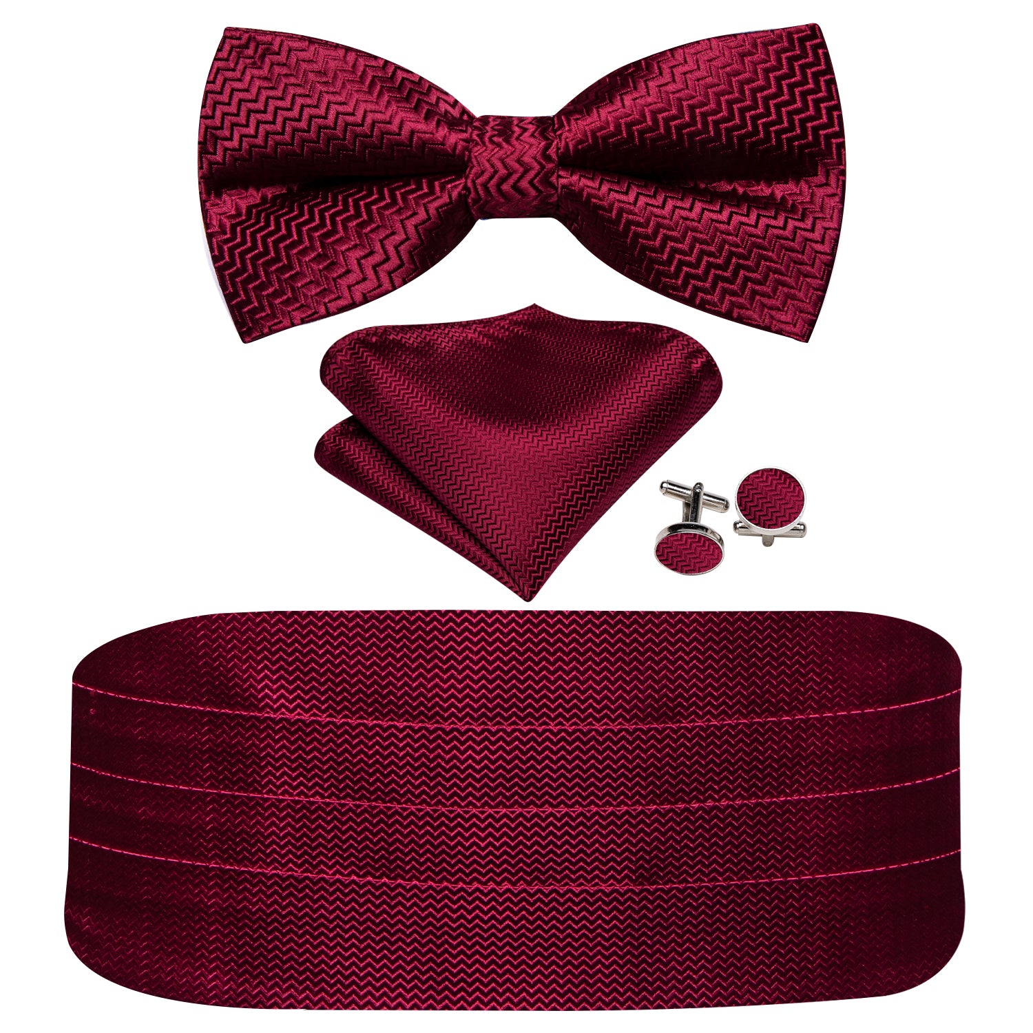 Barry.wang Red Bow Tie Solid Cummerbund Bow tie Handkerchief Cufflinks Set for Men