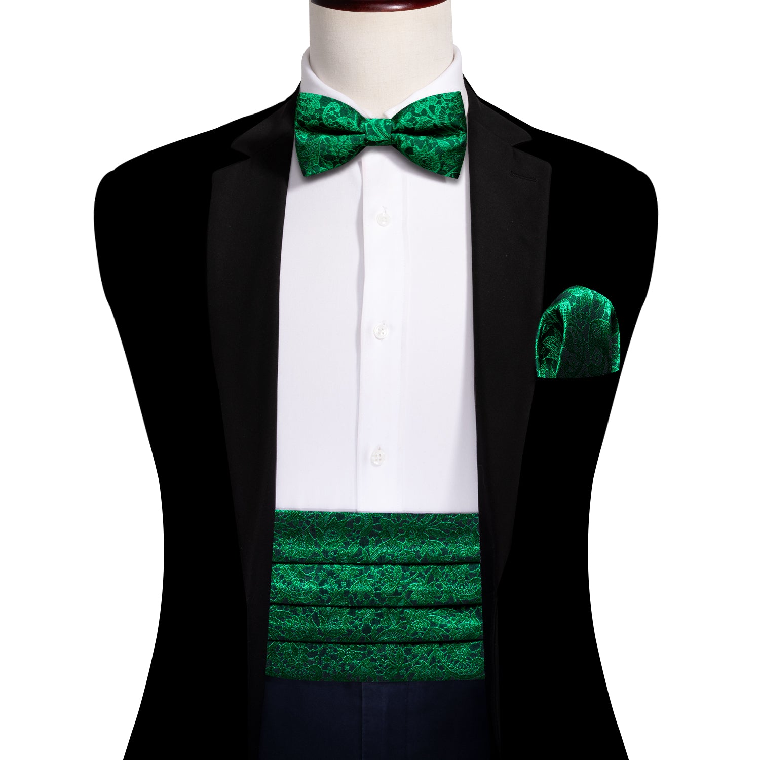 Green Floral Cummerbund Bow tie Handkerchief Cufflinks Set