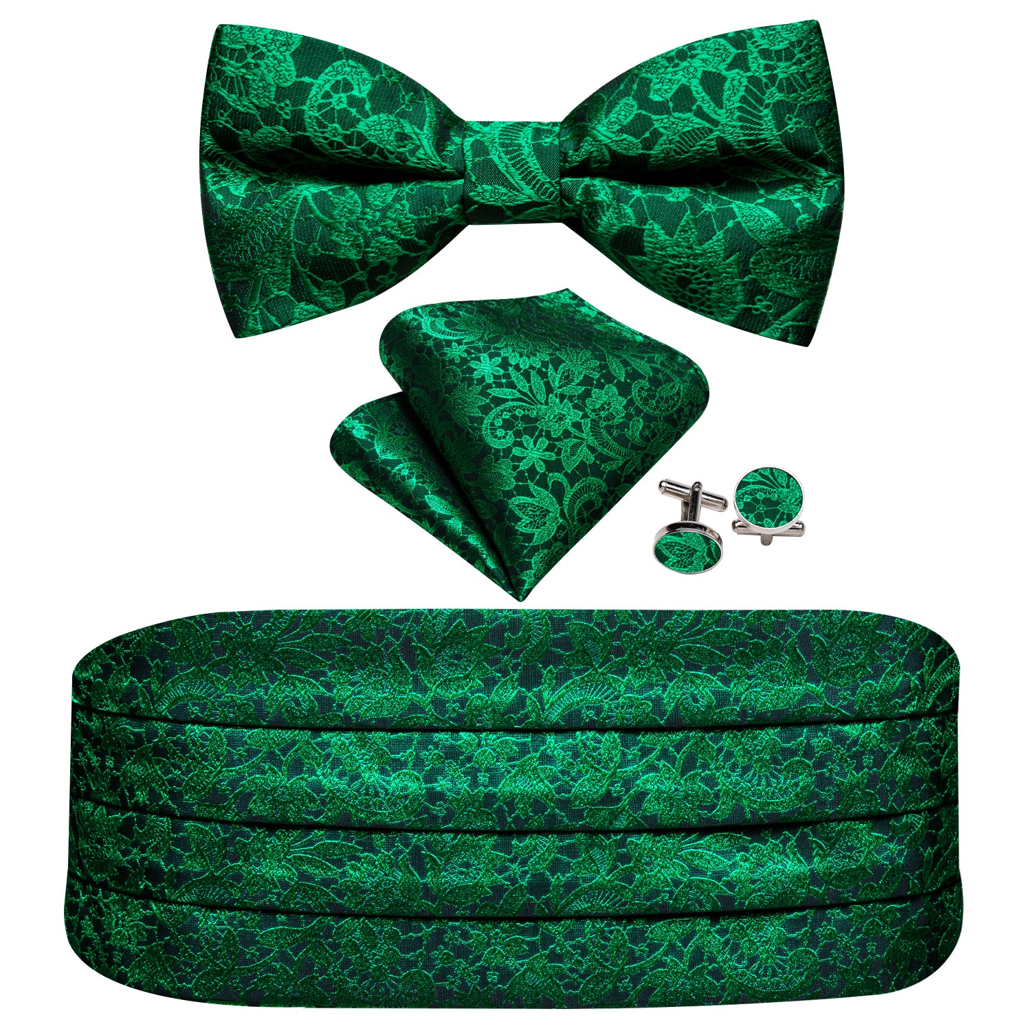 Green Floral Cummerbund Bow tie Handkerchief Cufflinks Set