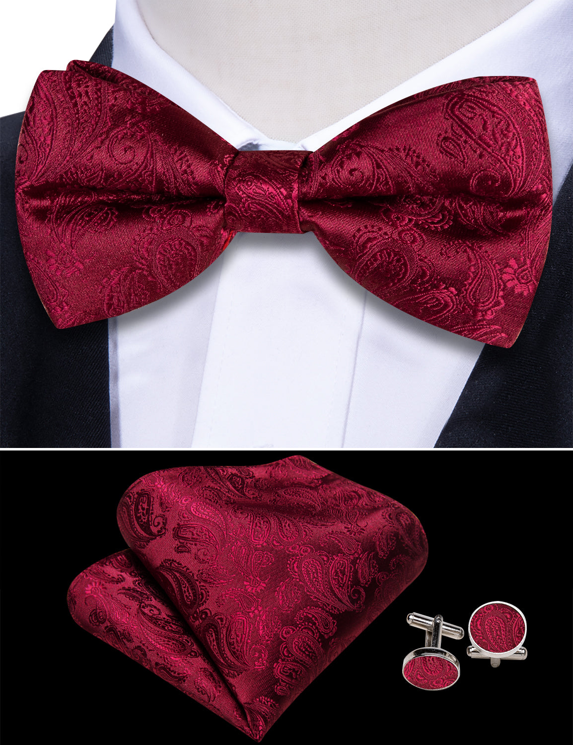 Red Paisley Cummerbund Bow tie Handkerchief Cufflinks Set