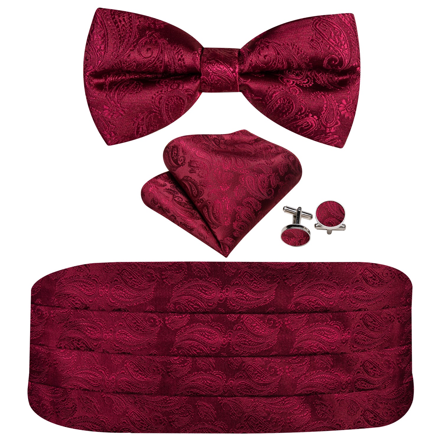 Red Paisley Cummerbund Bow tie Handkerchief Cufflinks Set