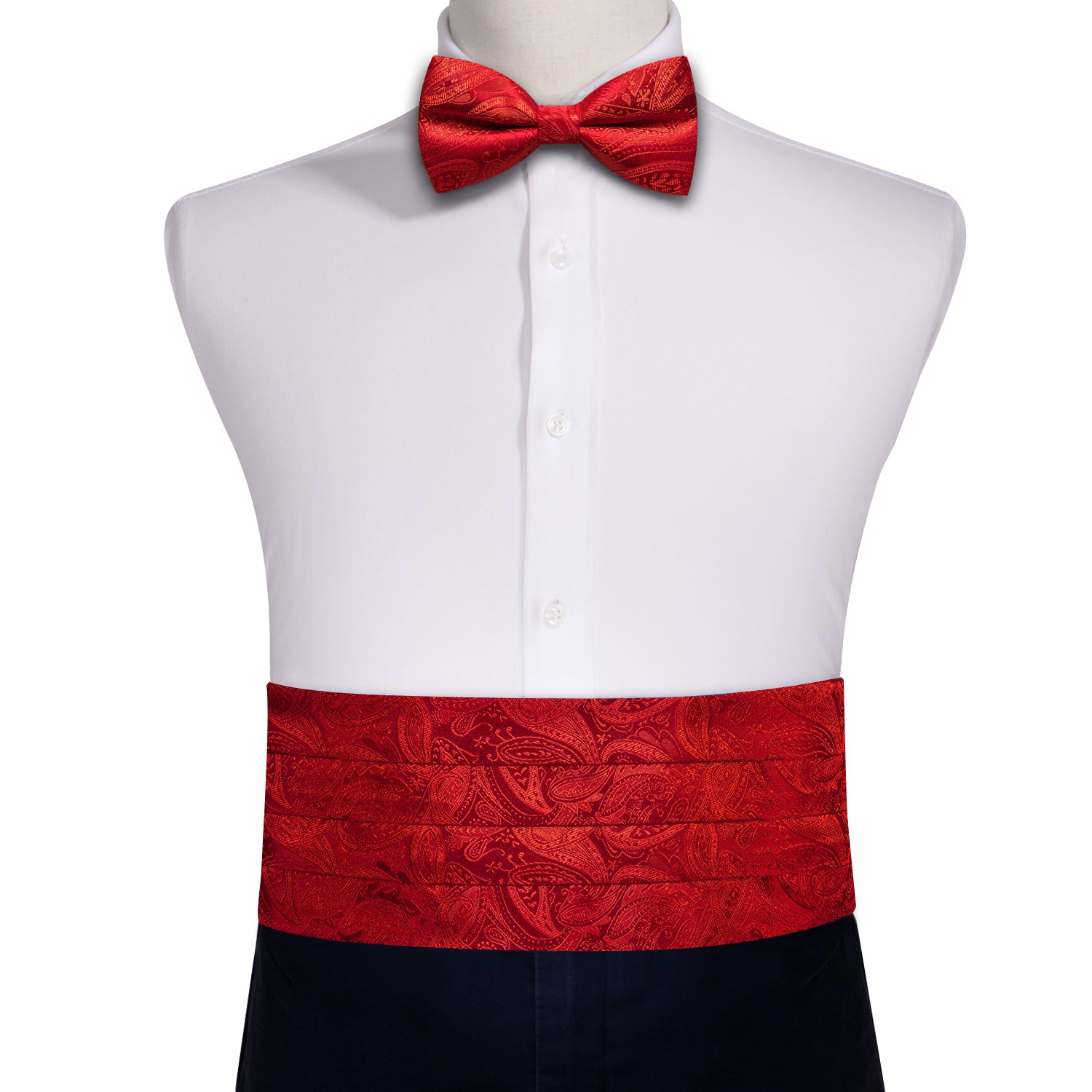 Strong Red Paisley Cummerbund Bow tie Handkerchief Cufflinks Set