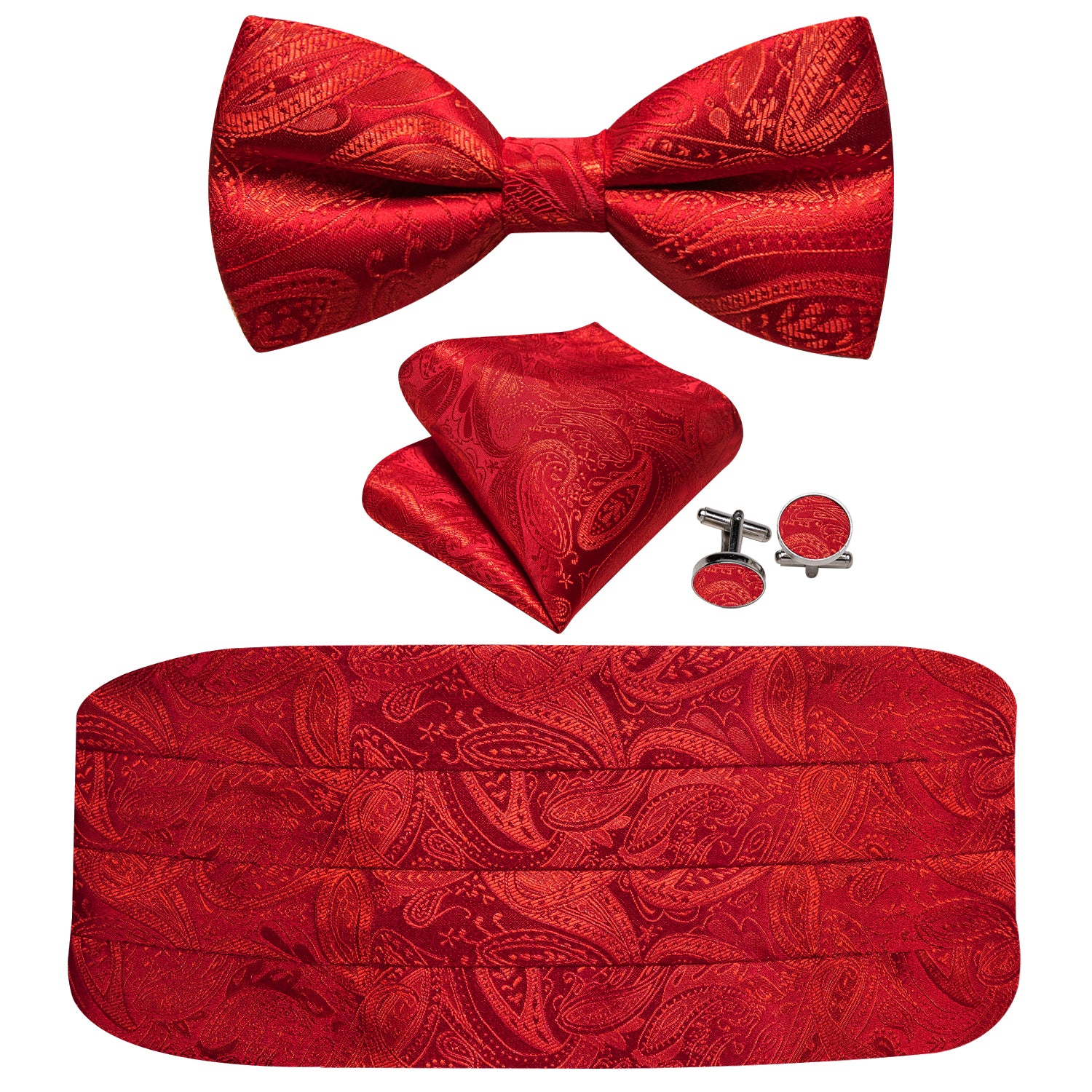 Strong Red Paisley Cummerbund Bow tie Handkerchief Cufflinks Set
