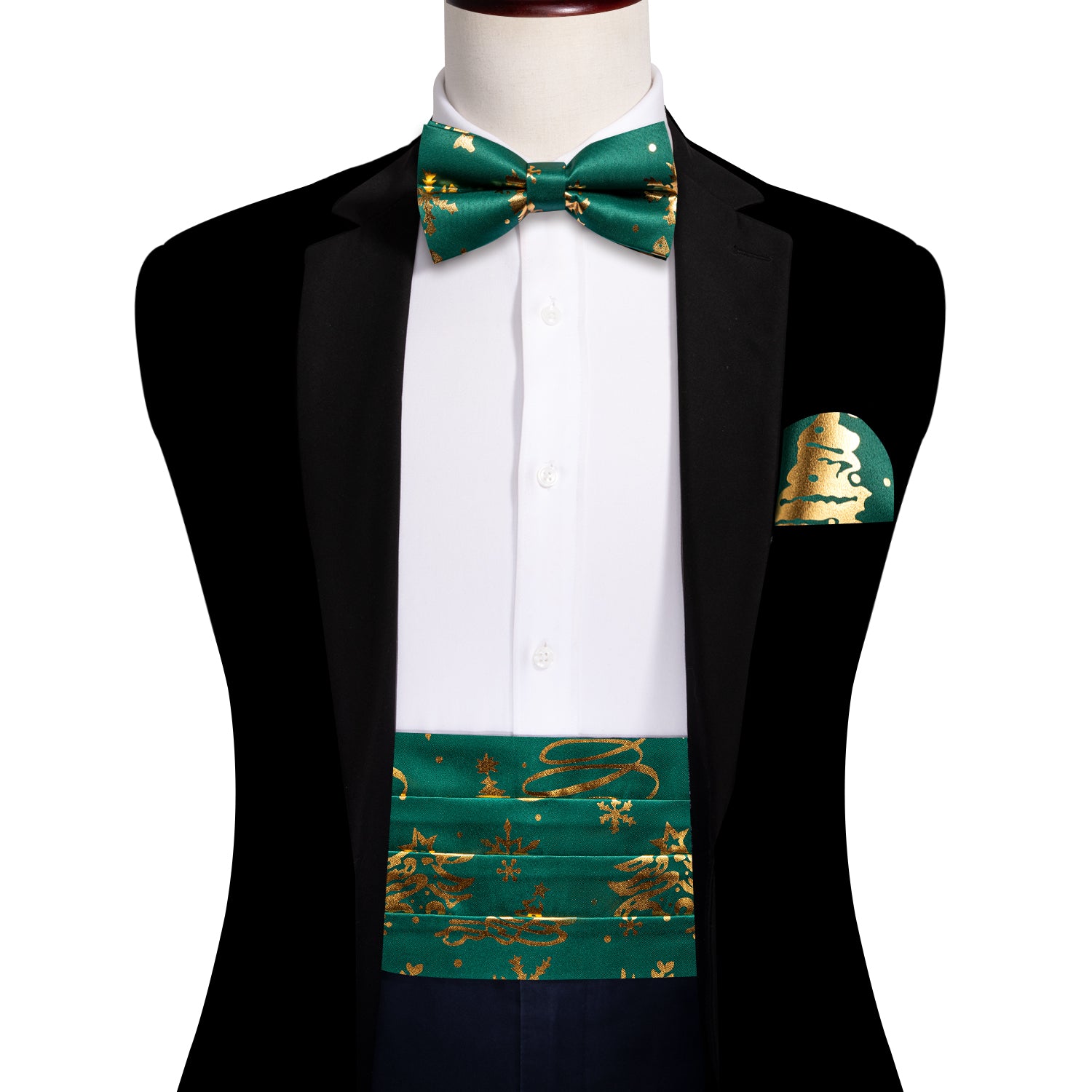 Christmas Green Gold Xmas Pattern Cummerbund Bow tie Handkerchief Cufflinks Set