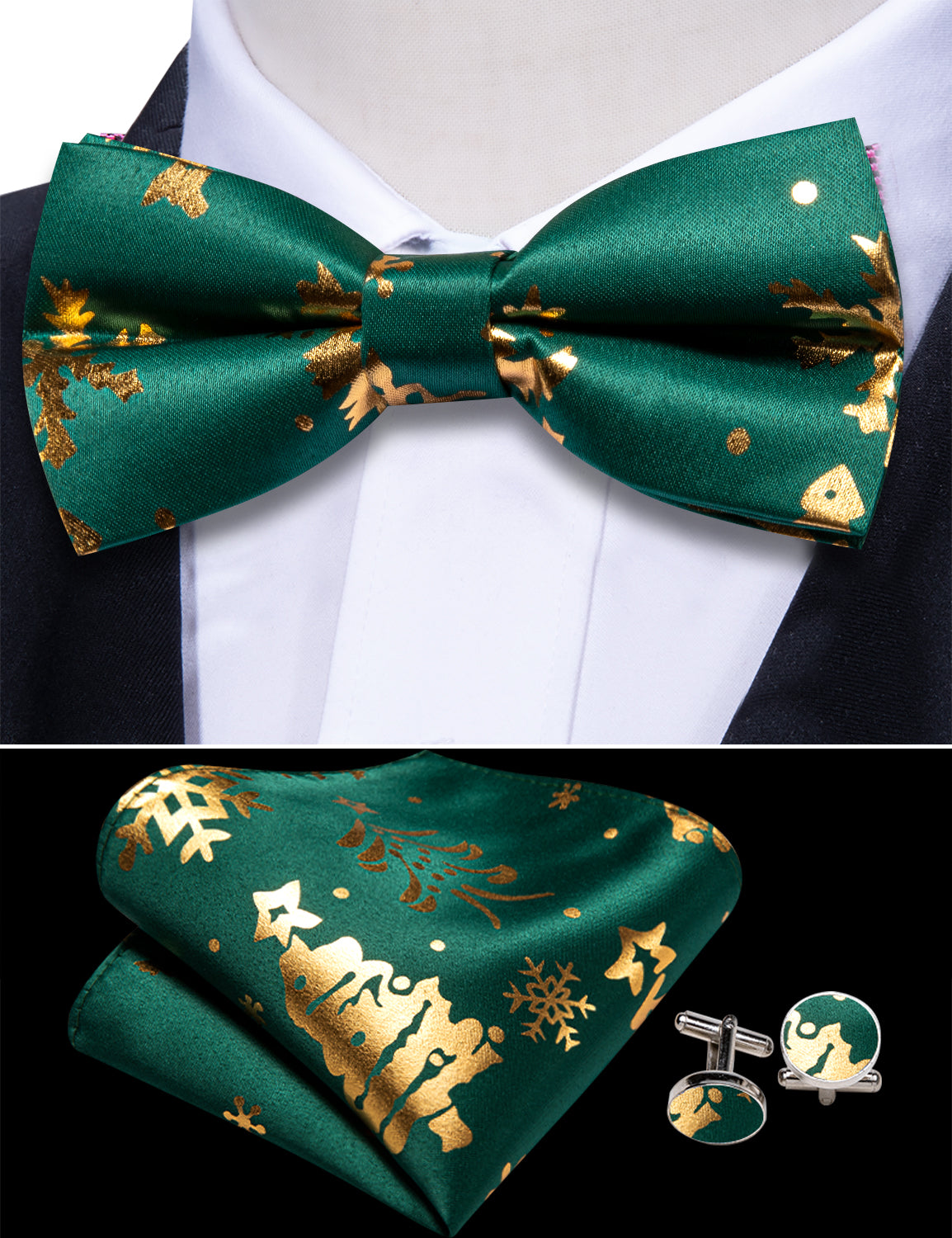 Christmas Green Gold Xmas Pattern Cummerbund Bow tie Handkerchief Cufflinks Set