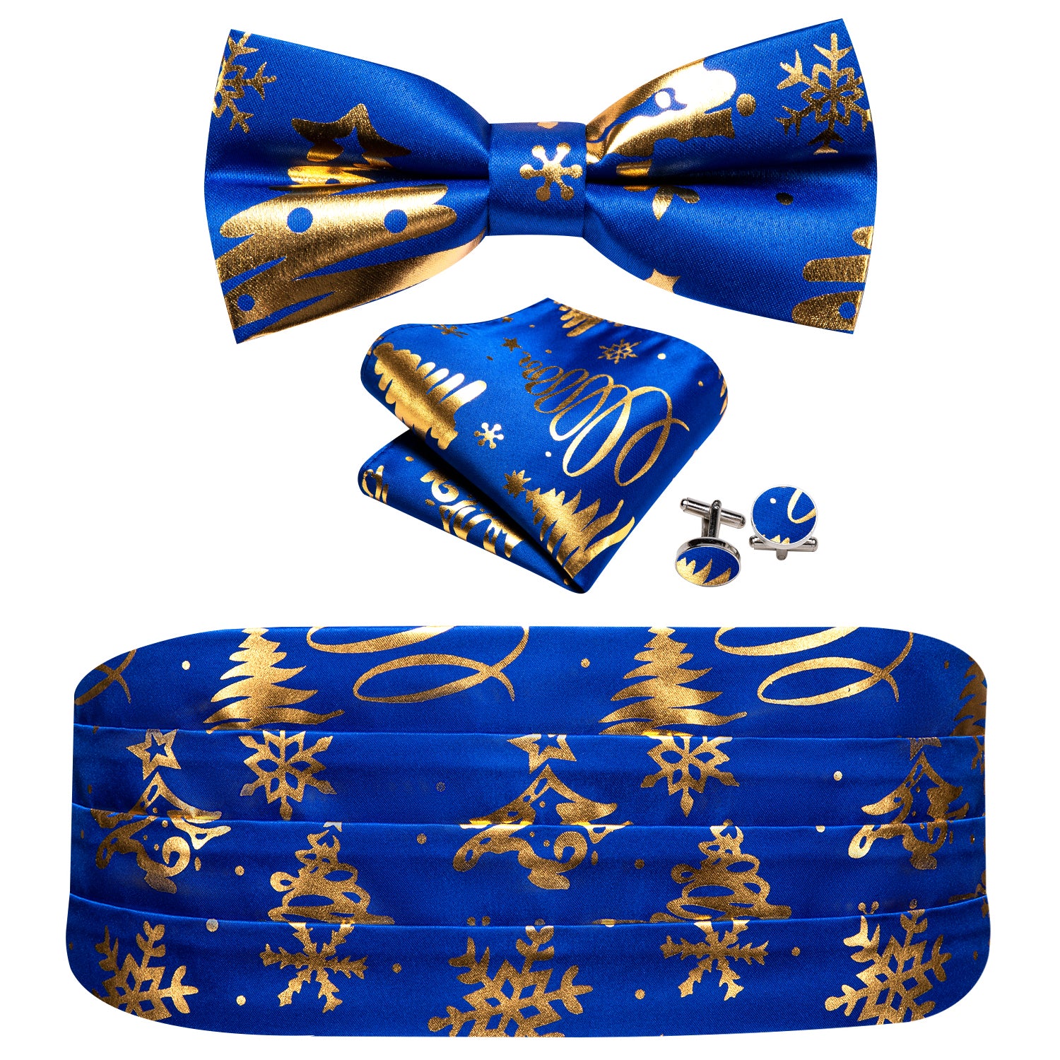 Christmas Blue Gold Xmas Pattern Cummerbund Bow tie Handkerchief Cufflinks Set
