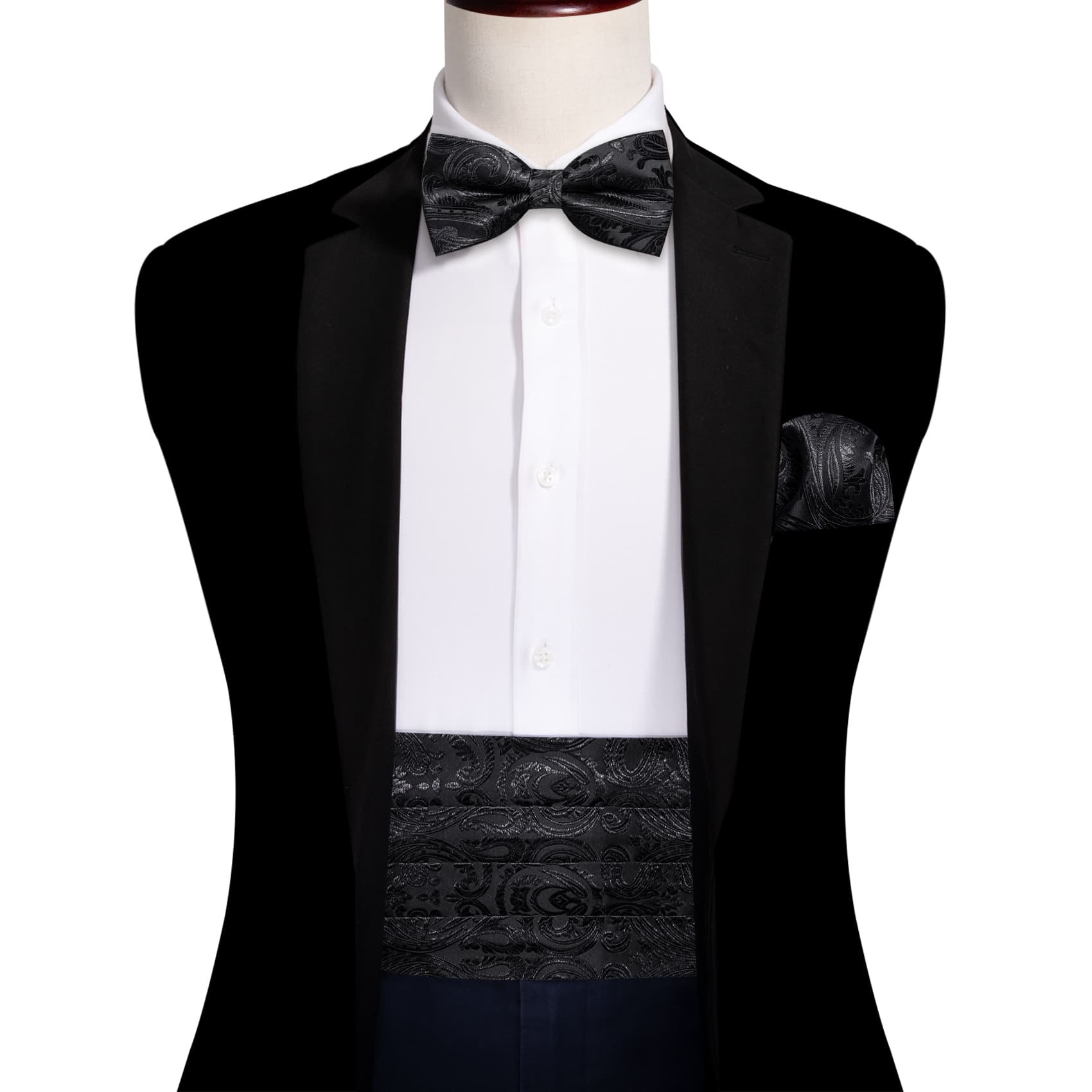 black cummerbund and bow tie