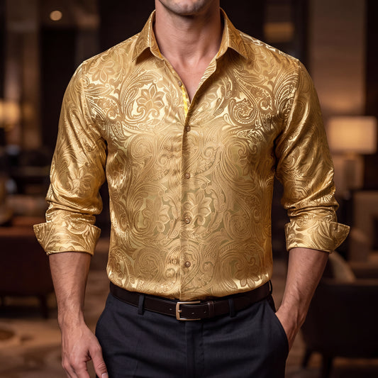 Barry. Wang Mens Gold Paisley Dress Shirt Silk Party Casual Long Sleeve Shirt