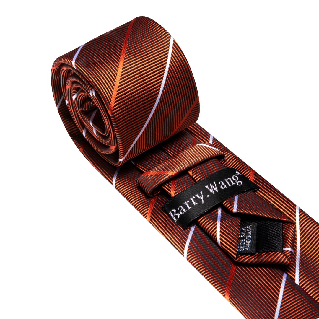 Barry Wang Mens Striped Tie Fire Brown and White Business Necktie