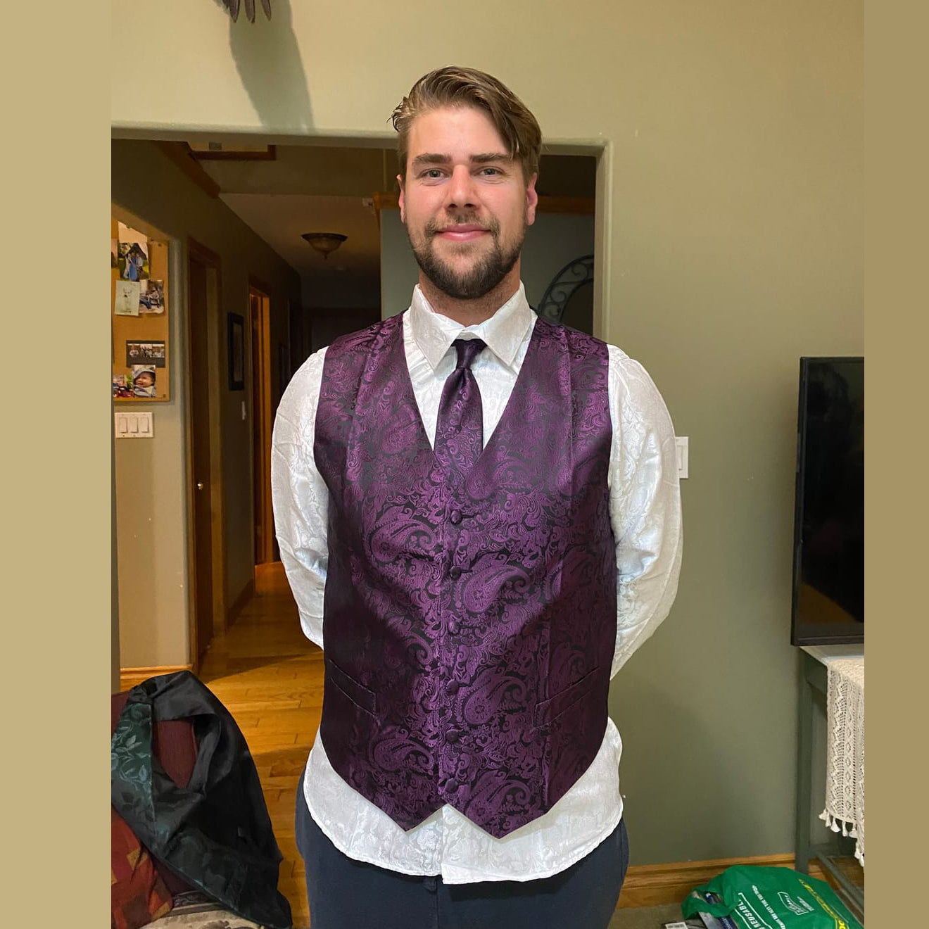 mens purple dress vest Lavender Solid Shiny U-Shape Vest Mens-suit Lavender / 40R/34W / M390SK-01