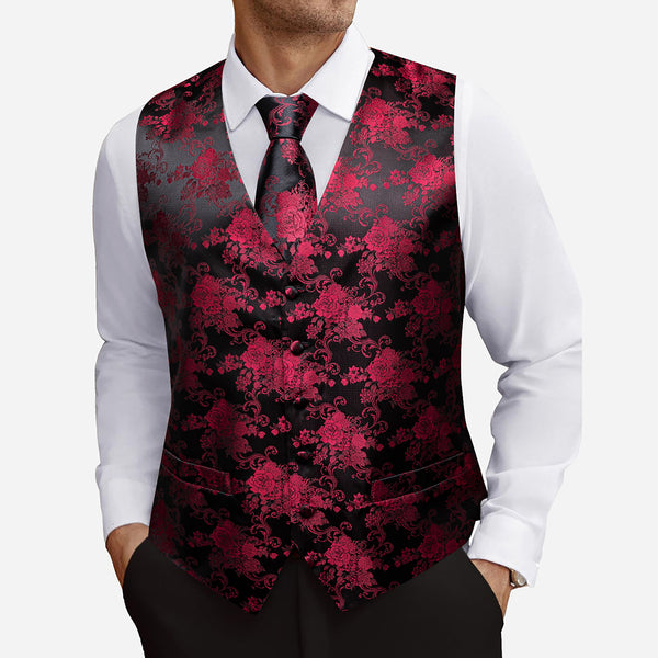 Barry.Wang Men's Shiny Floral Vest Set - 7-Piece Wedding Party Outfit With Tie, Bow Tie, Cufflinks & Accessories