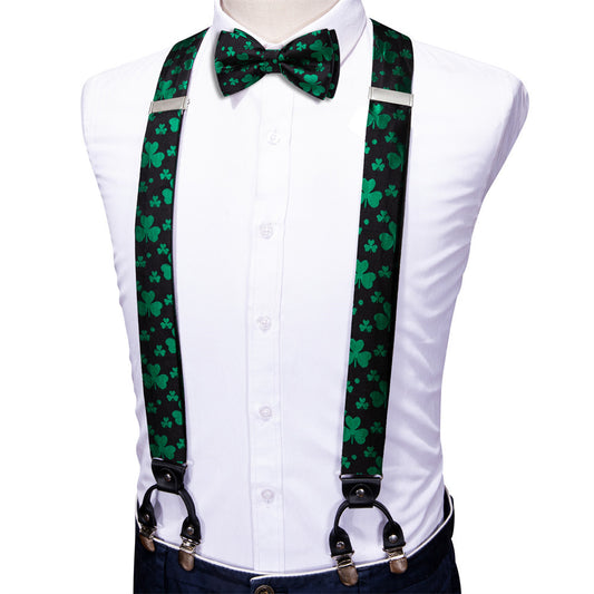 Barry. Wang Black Green Clover Suspender Bowtie Set