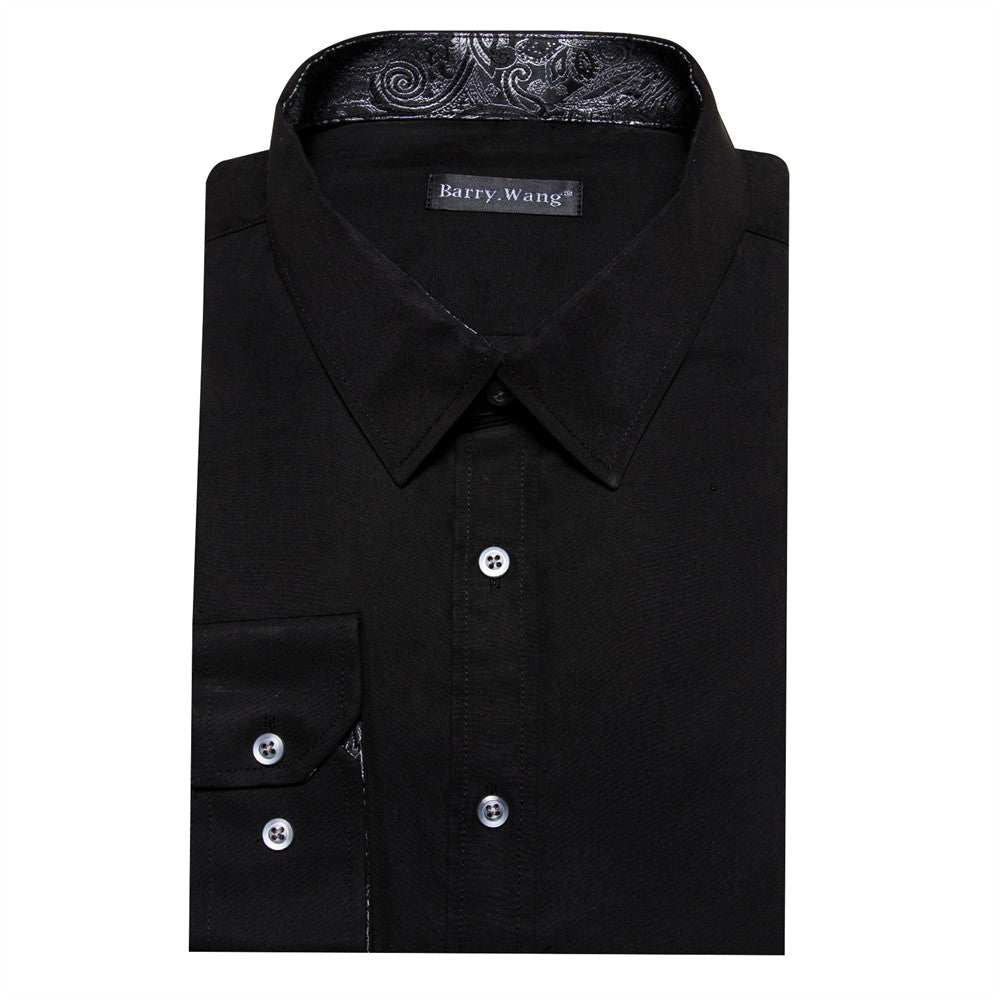 Barry. Wang Black Silver Splicing Shirt Blue Long Sleeve Button Down Business Shirt, M