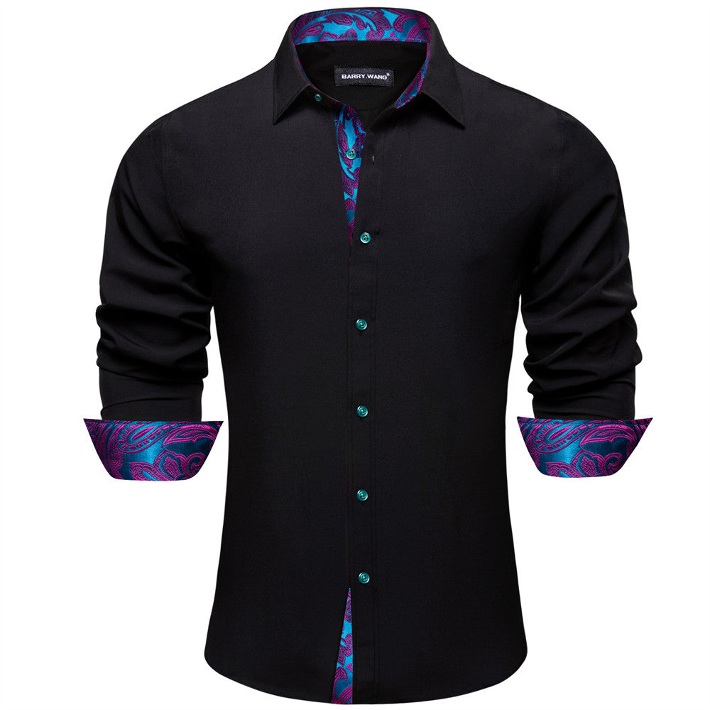 Barry. Wang Black Dress Shirt Mens Splicing Silk Casual Party Club Long Sleeve Shirt, M / Purple Barry. Wang Black Dress Shirt Mens Splicing Silk Casual Party Club Long Sleeve Shirt, M / Purple