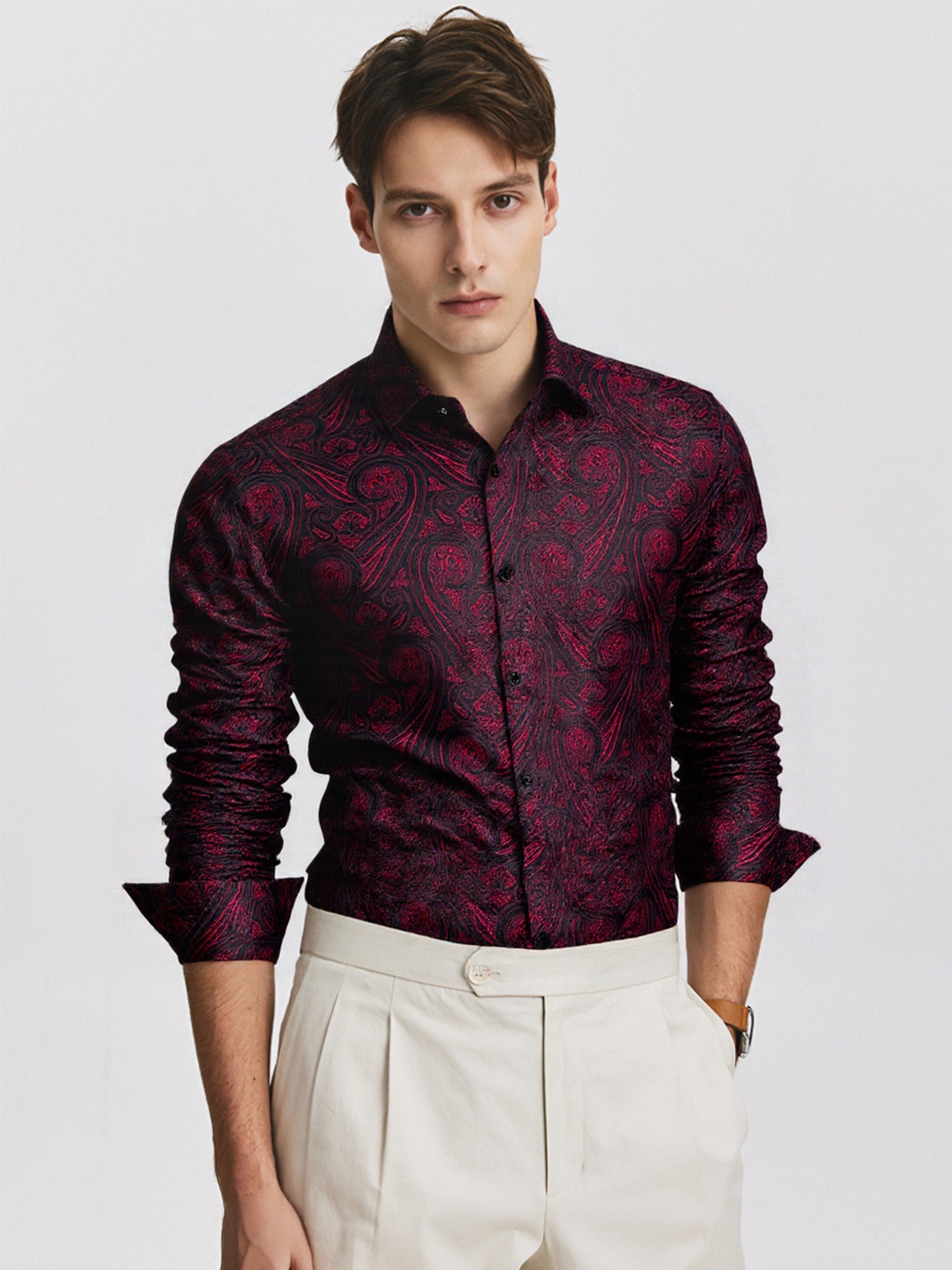 Barry.Wang 3pcs Mens Dress Shirts White Burgundy Blue Paisley Shirt Silk Shirt