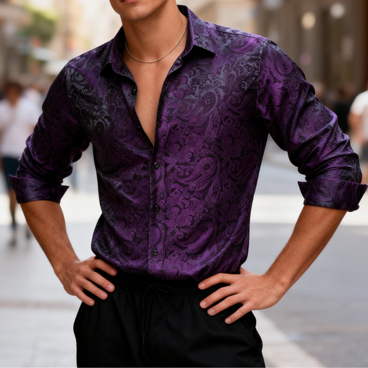 Barry. Wang Mens Purple Dress Shirt Paisley Silk Long Sleeve Button Down Shirt