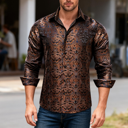 Barry. Wang Mens Paisley Dress Shirt Brown 70s Disco Long Sleeve Button Down Shirt