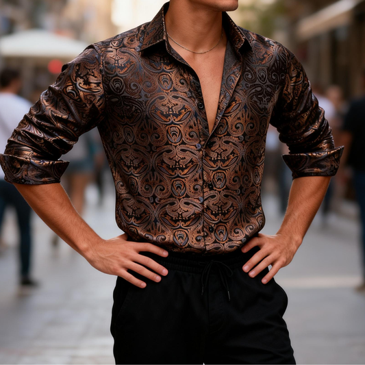 Barry. Wang Mens Paisley Dress Shirt Brown 70s Disco Long Sleeve Button Down Shirt