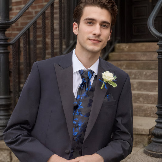 Barry. Wang Blue Floral Suit Vest Black Formal Dress Vest Tie Pocket Square Cufflinks Set