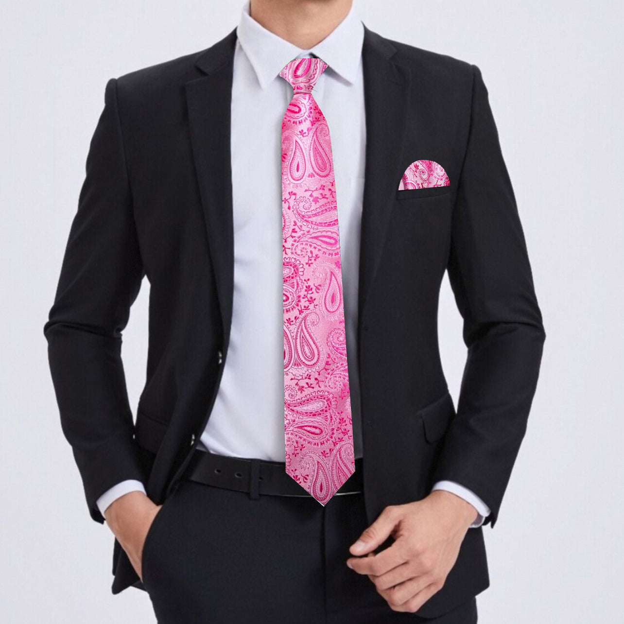 Barry. Wang Pink Paisley Silk Men's Tie Hanky Cufflinks Set for Wedding