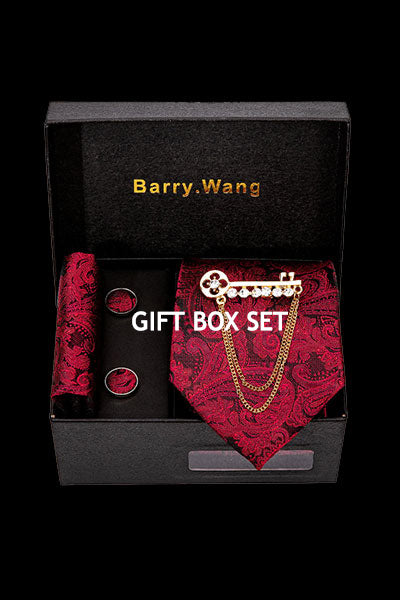 Mens red paisley necktie pocket square and cufflinks with gift boxes