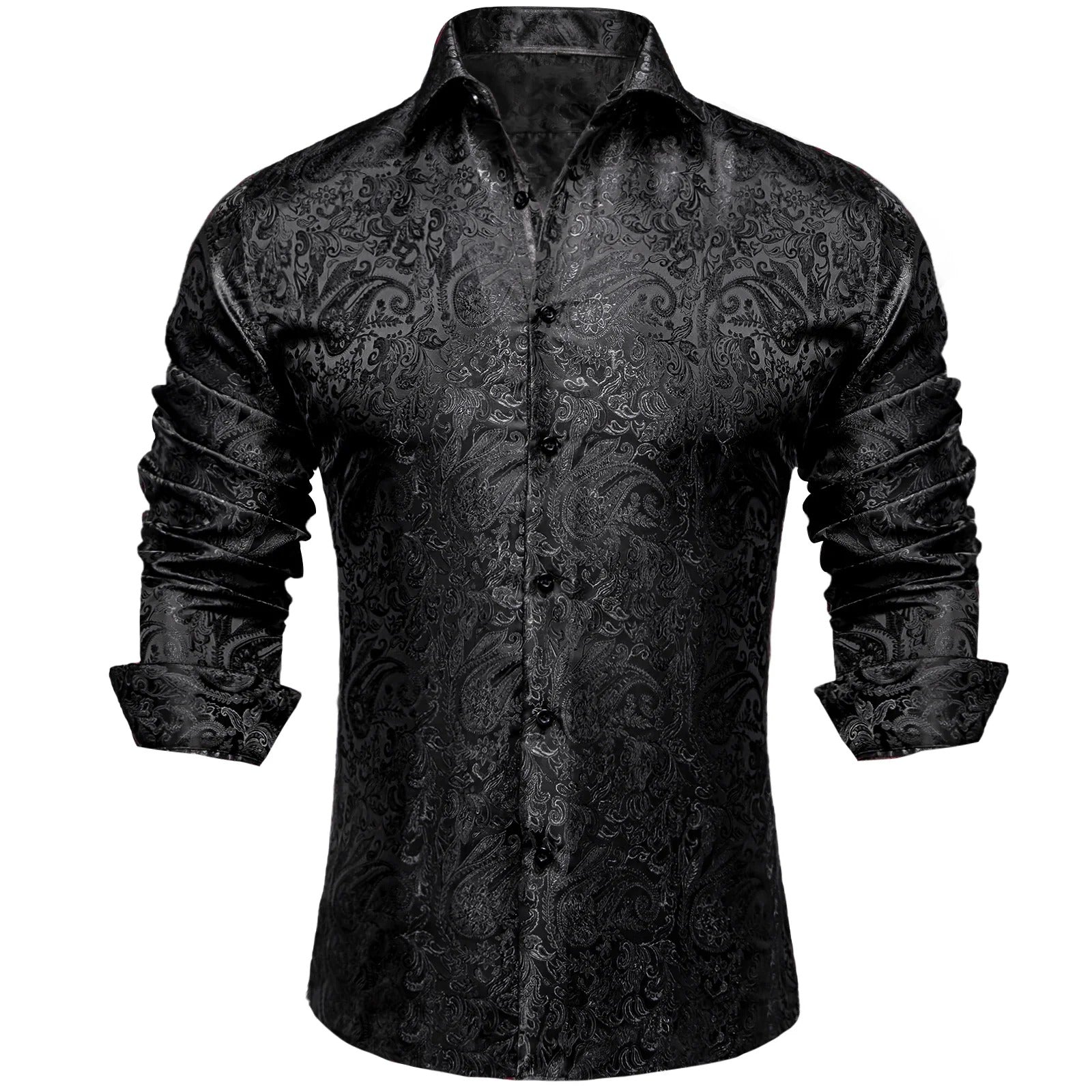 Barry.Wang 2pcs Mens Shirts Black Blue Paisley Shirt Silk Shirt
