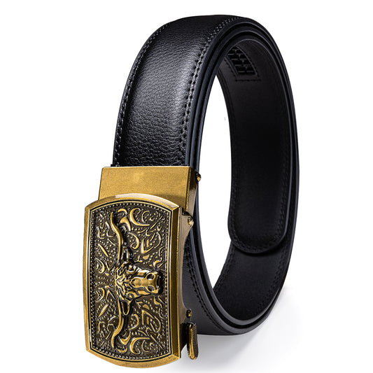 Barry. Wang Men's Leather Ratchet Adjustable Belt 13/8" Cowboy Style Gold Metal Buckle Dress Casual