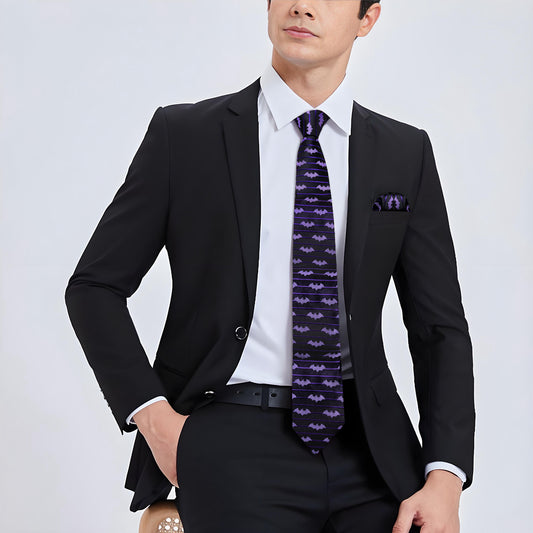 Barry. Wang Purple Bat Necktie Mens Black Tie Hanky Cufflinks Set with Lapel Pin Gift Box