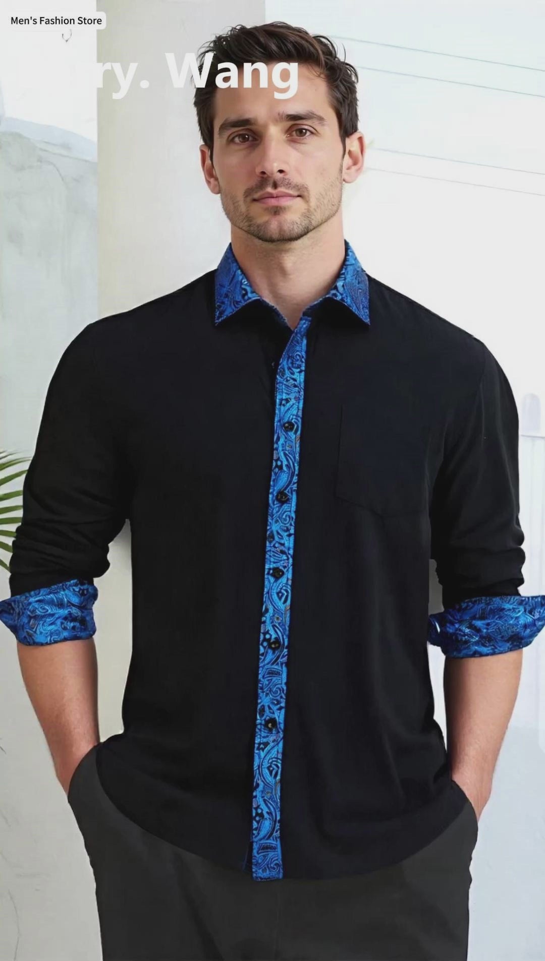 Barry. Wang Black Royal Blue Splicing Shirt Formal Long Sleeve Button Down Shirt