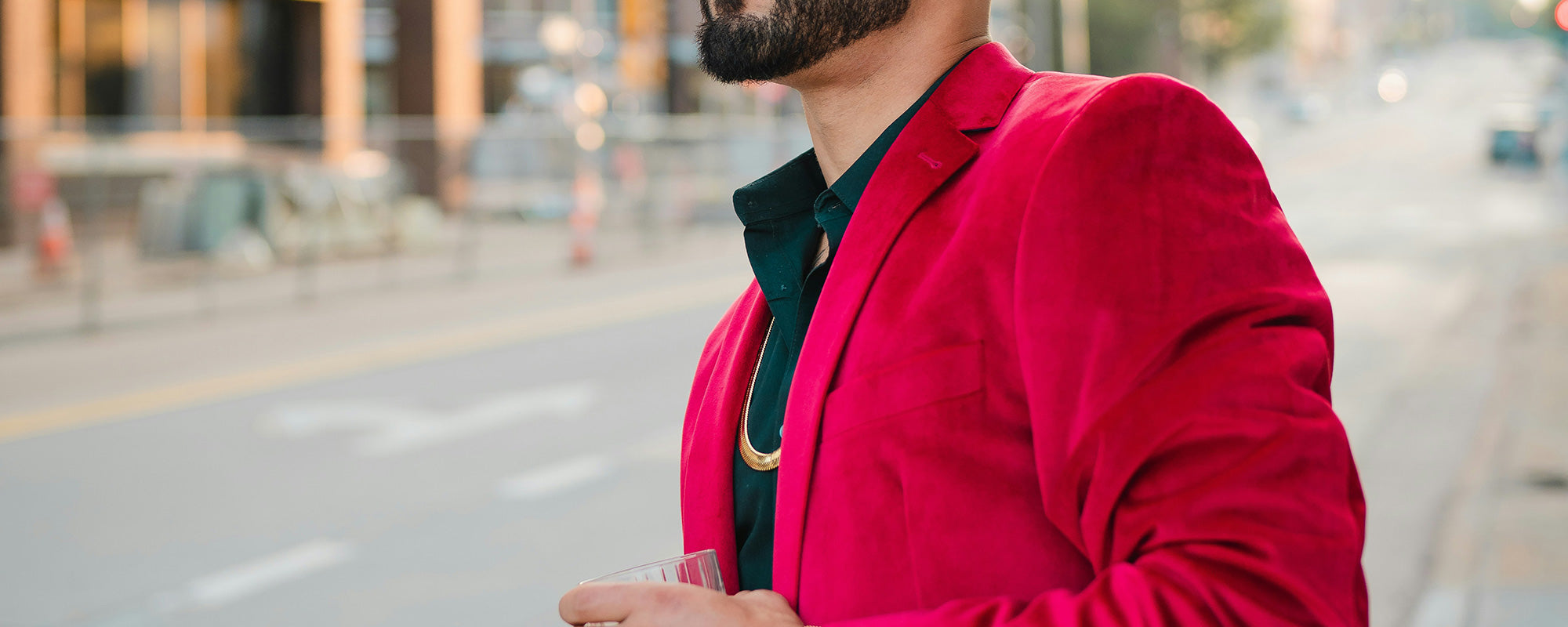 mens outfit hotpink suit dark green shirt and gold chain