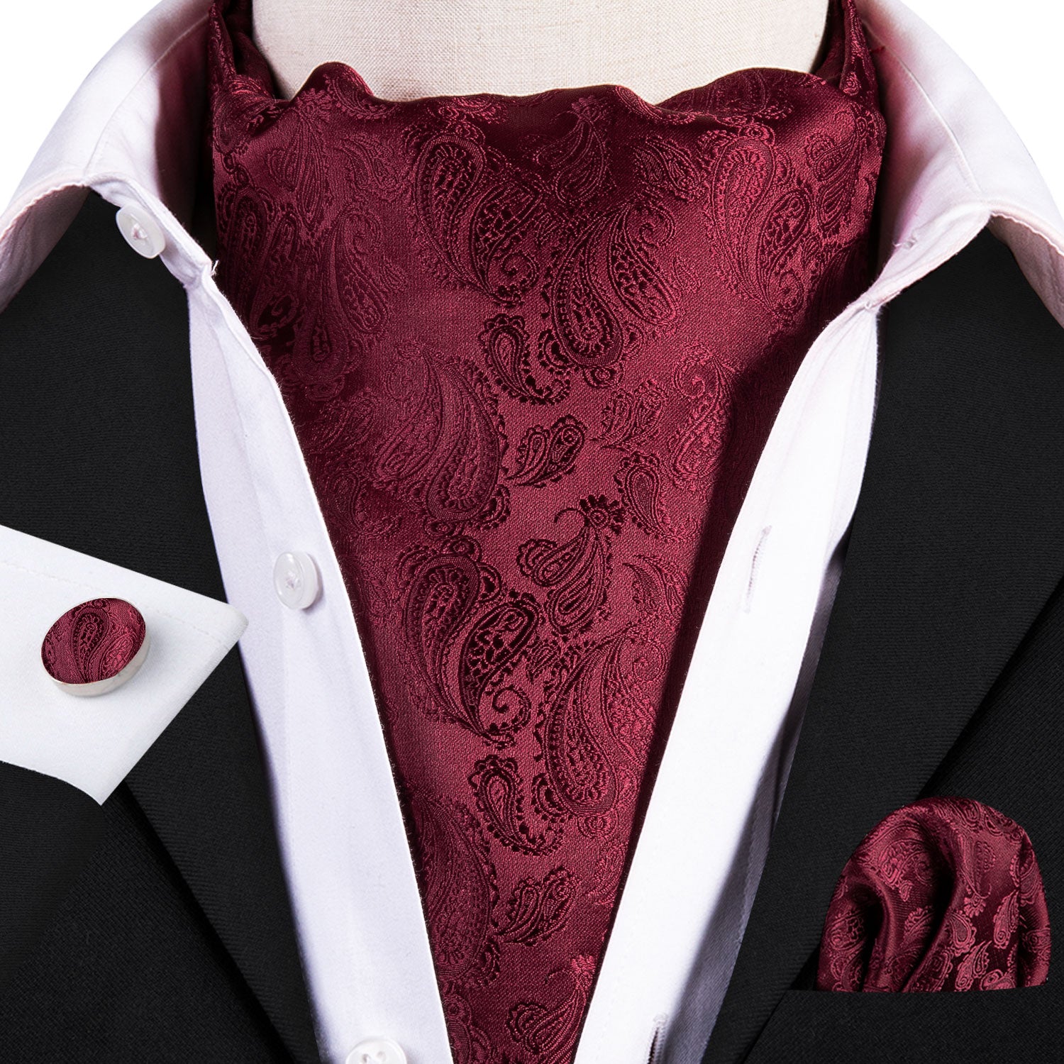 Deep Red Paisley Ascot Handkerchief Cufflinks