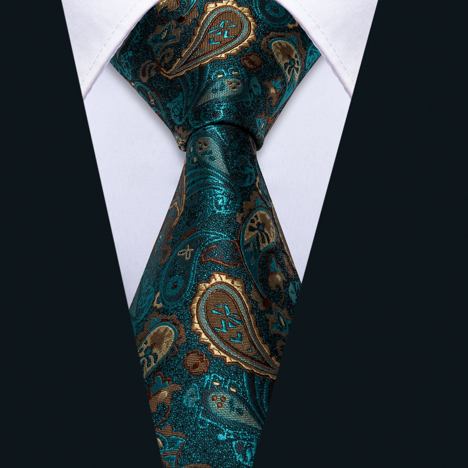 Barry Wang Green Brown Paisley Tie Hanky Cufflinks Set