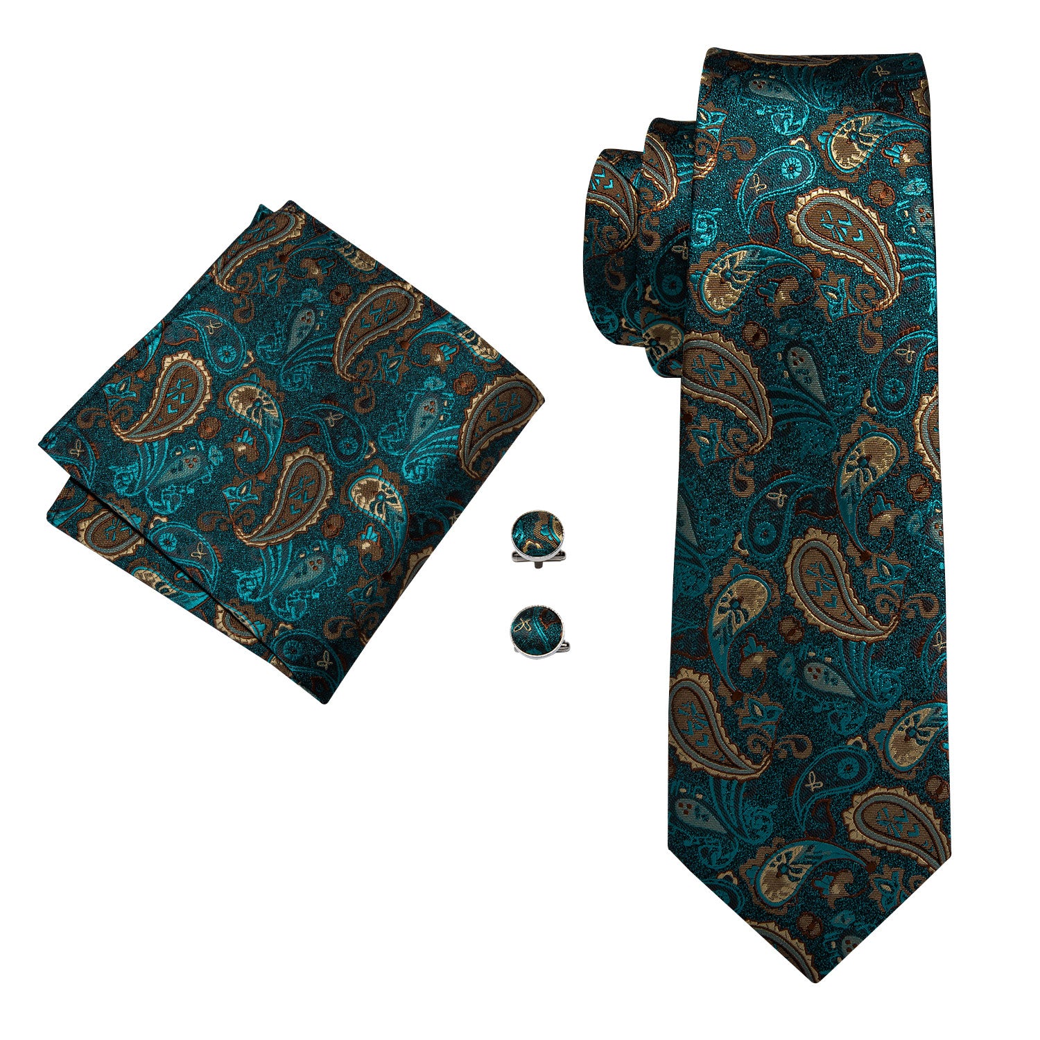 Barry Wang Green Brown Paisley Tie Hanky Cufflinks Set