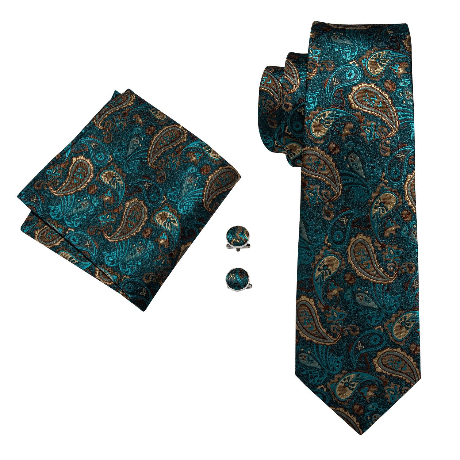 New Luxury Green Brown Paisley Scarf with Tie Set