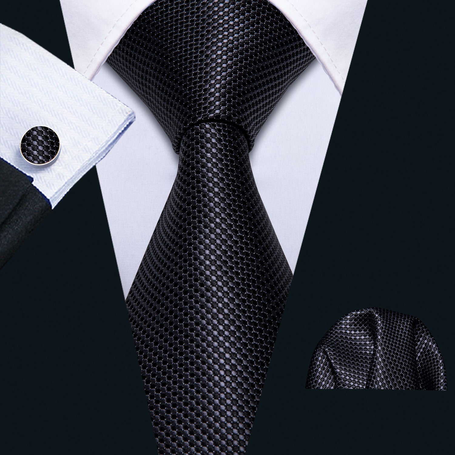 Black Striped Tie Hanky Cufflinks Set