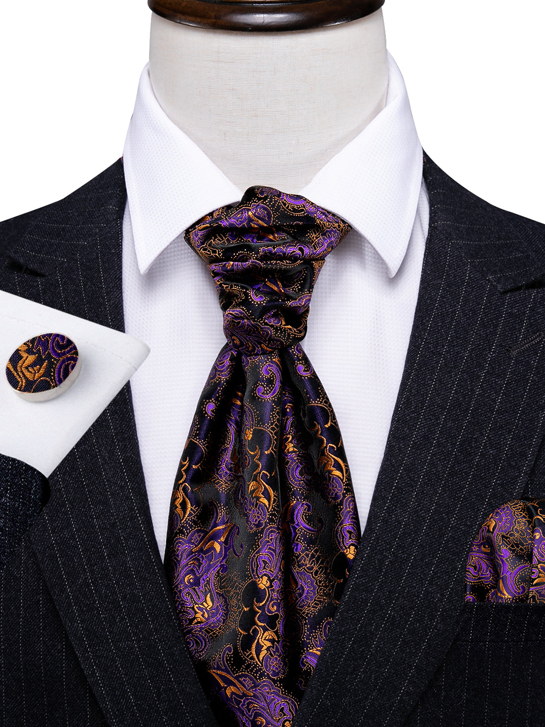 New Novelty Purple Golden Paisley Ascot Handkerchief Cufflinks