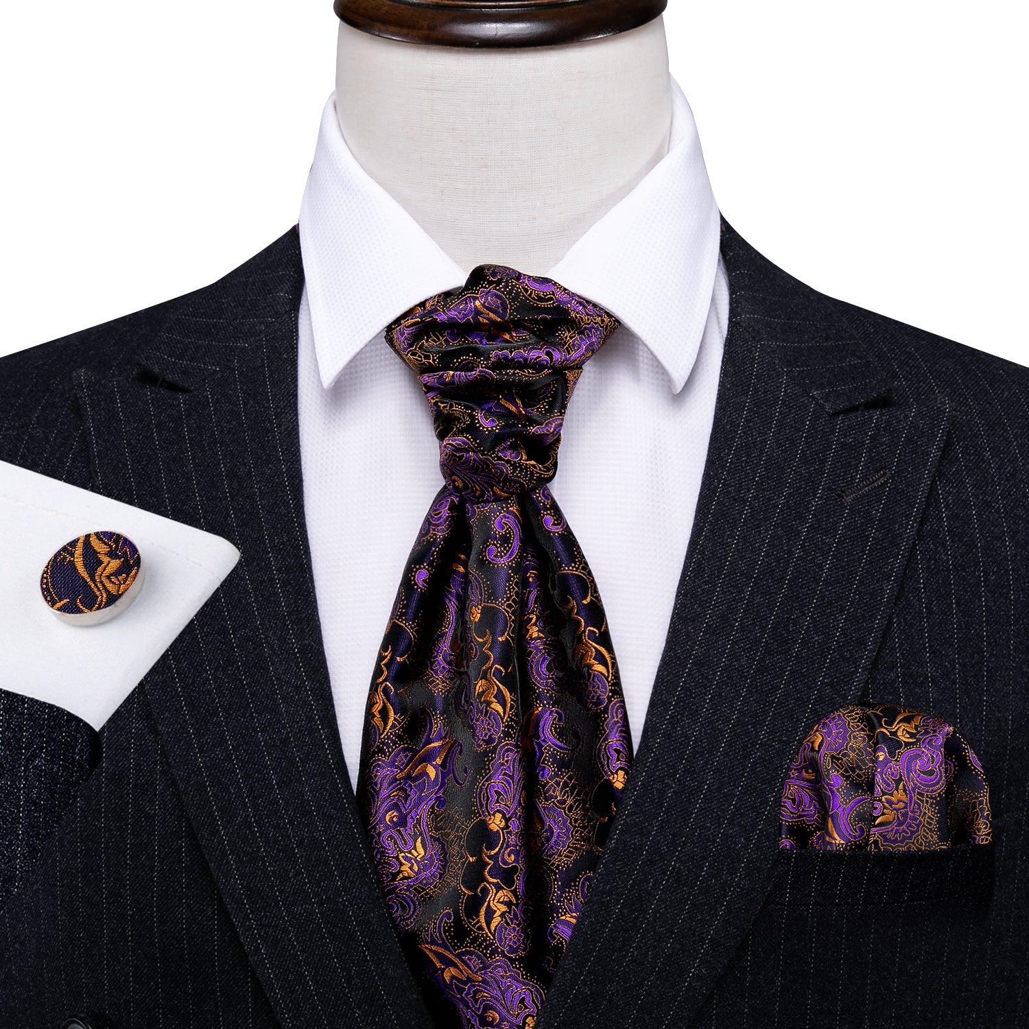 Novelty Purple Golden Paisley Ascot Handkerchief Cufflinks