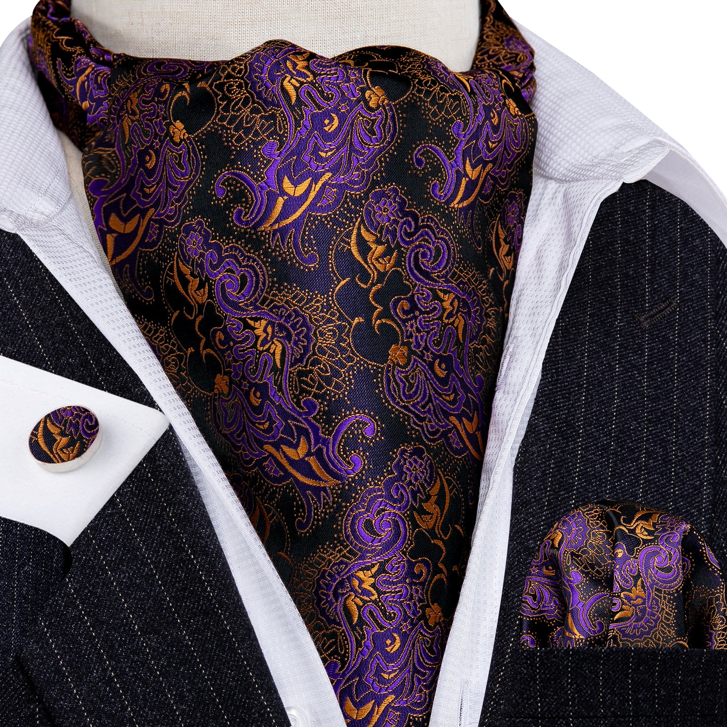 New Novelty Purple Golden Paisley Ascot Handkerchief Cufflinks