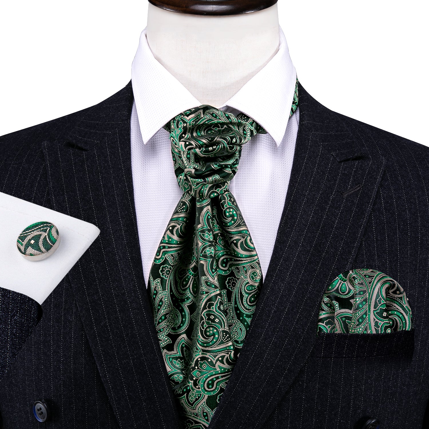 New Novelty Green Paisley Ascot Handkerchief Cufflinks