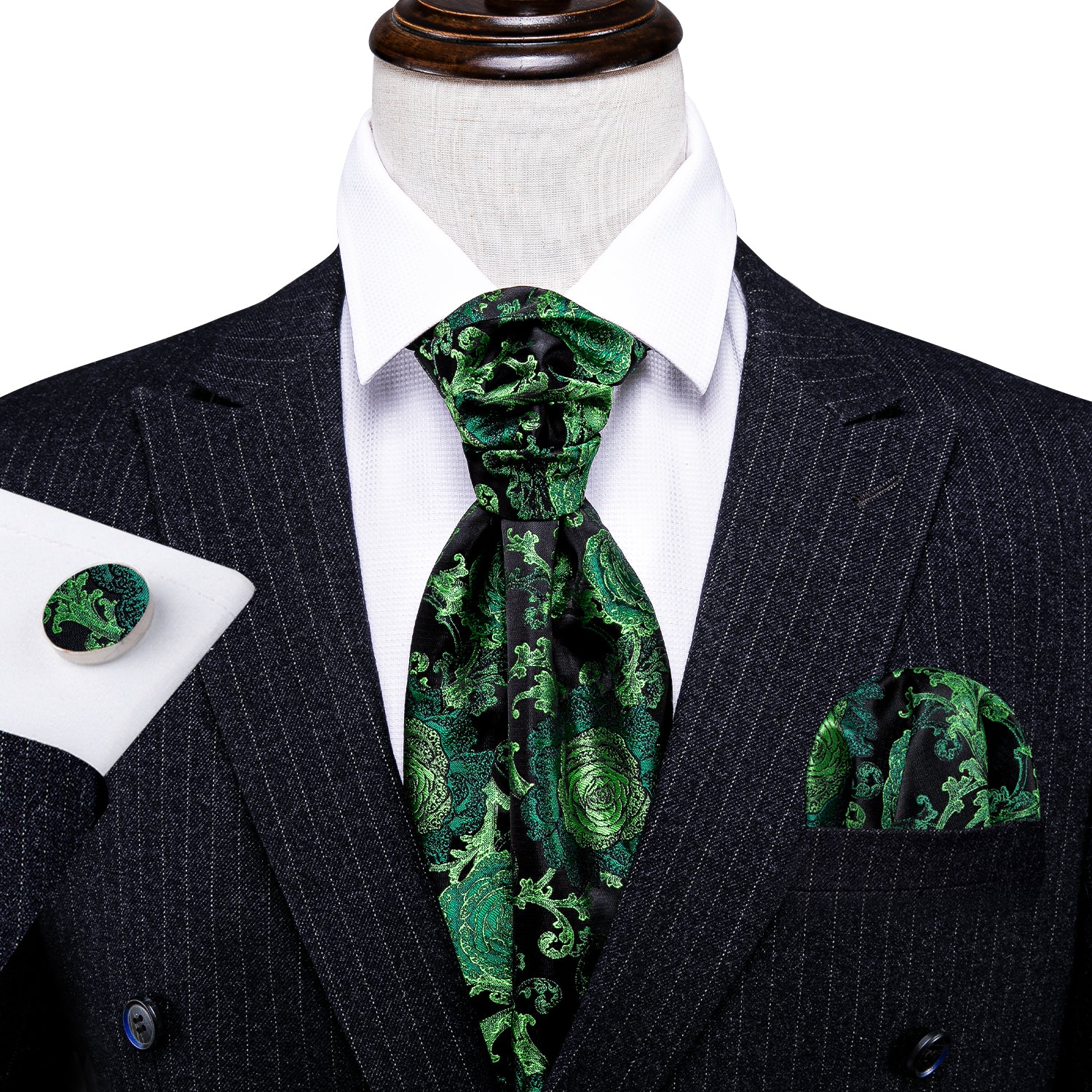 Green Black Floral Ascot Handkerchief Cufflinks