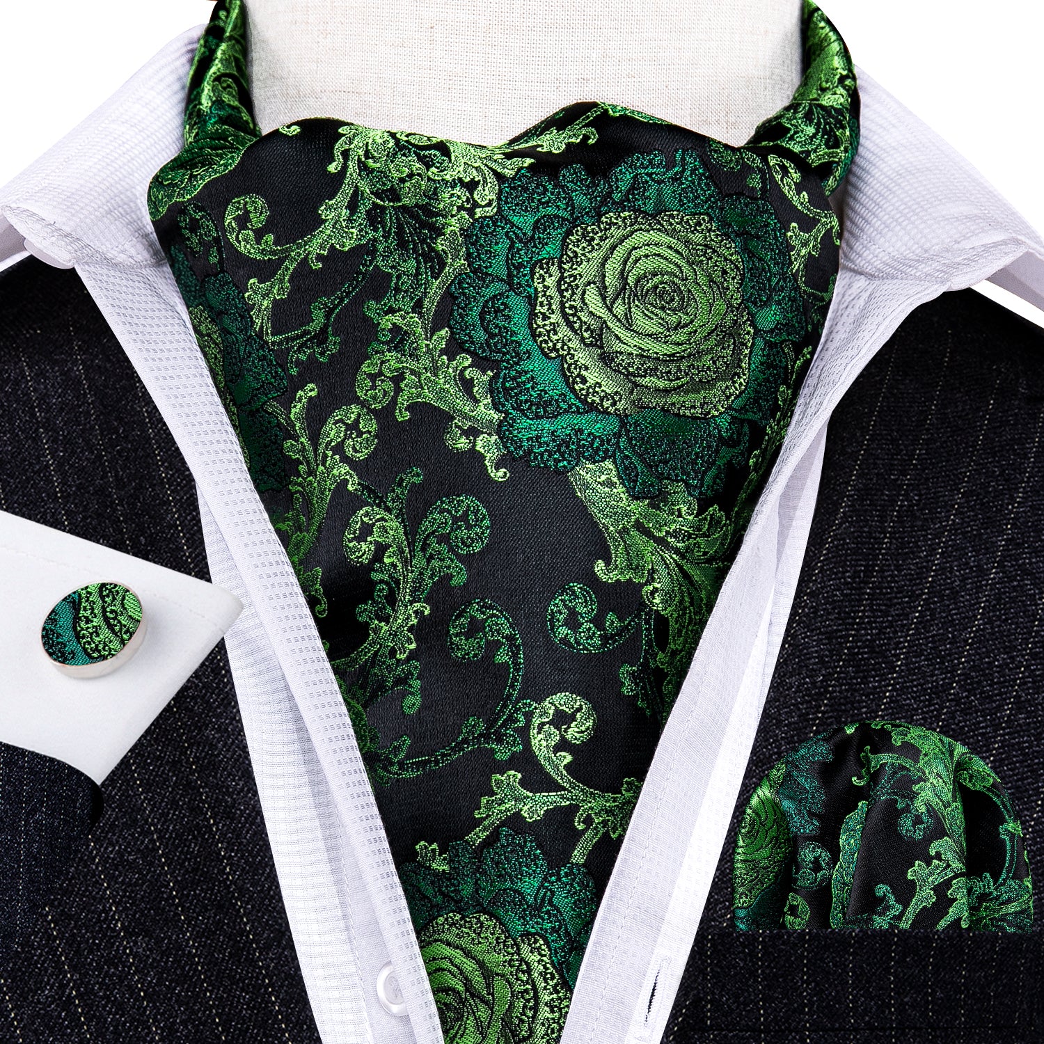 Barry. Wang Emerald Green Floral Ascot For Men Self NeckTie Dinner Sil