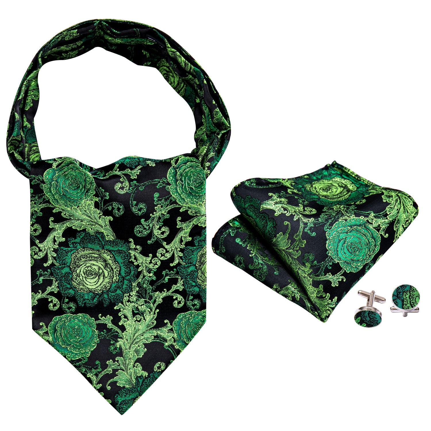 New Green Black Floral Ascot Handkerchief Cufflinks