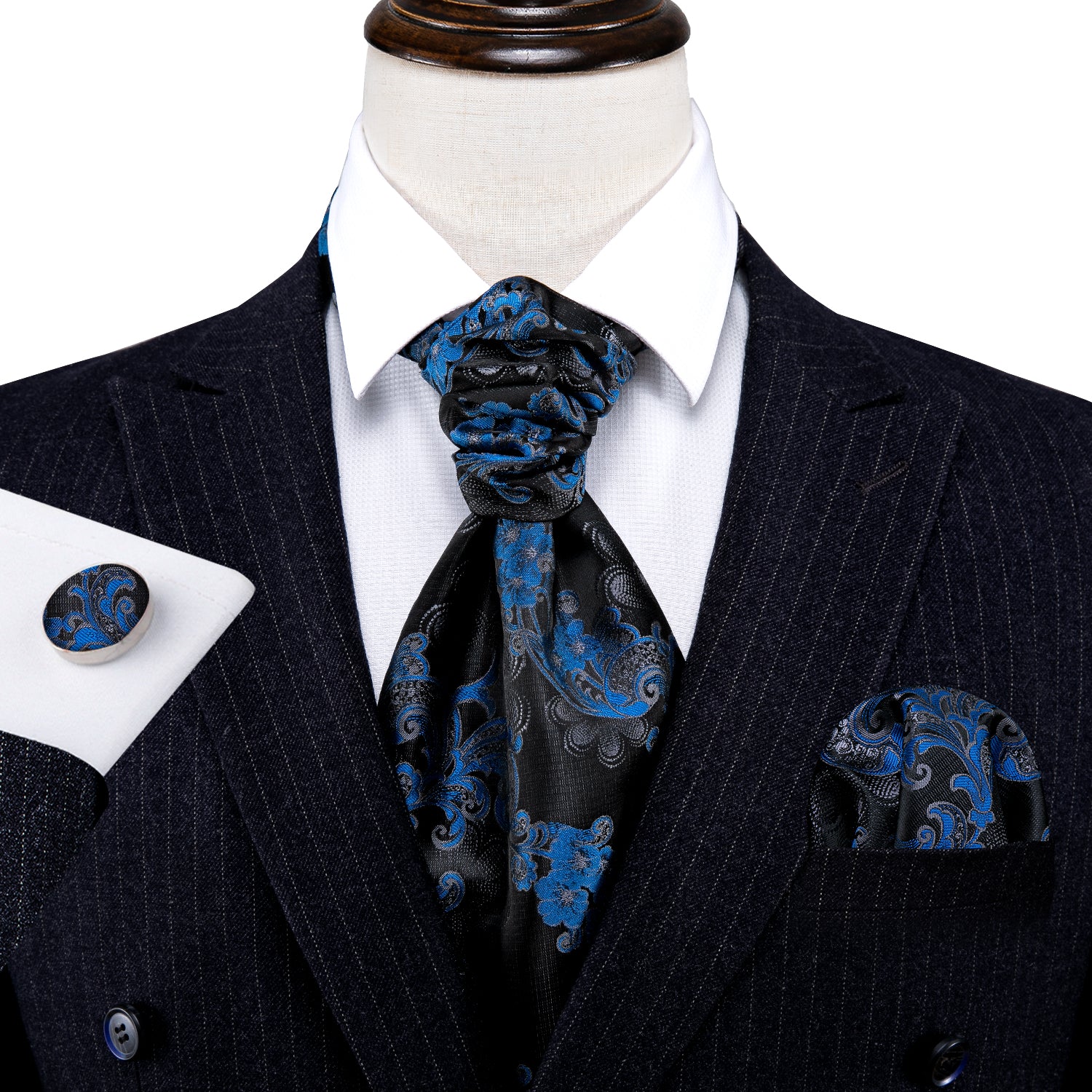 Black Blue Floral Ascot Handkerchief Cufflinks