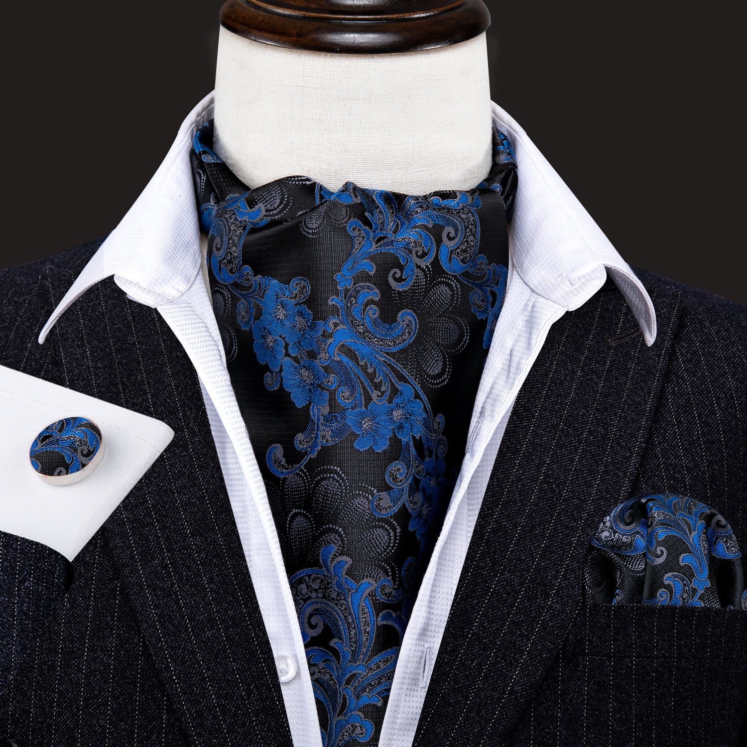 New Black Blue Floral Ascot Handkerchief Cufflinks