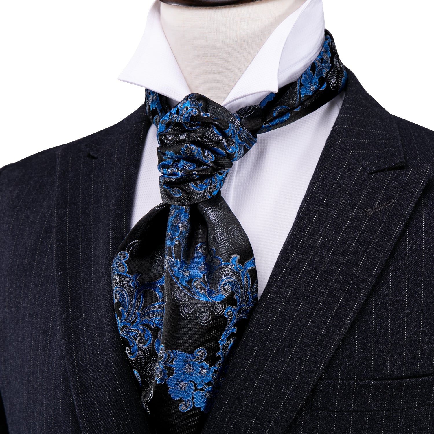 Black Blue Floral Ascot Handkerchief Cufflinks