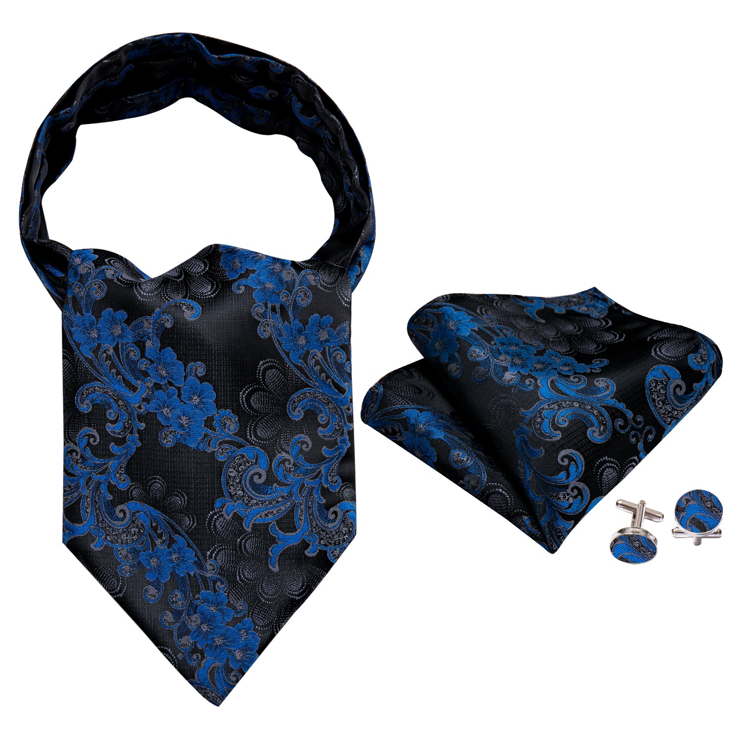 New Black Blue Floral Ascot Handkerchief Cufflinks