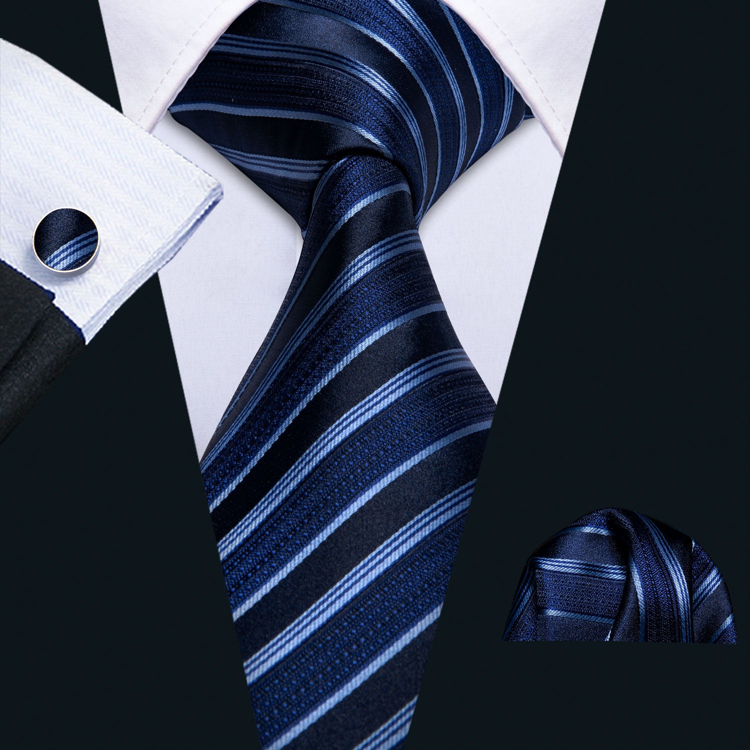 Deep Blue Striped Silk Men Tie Pocket Square Cufflinks Set